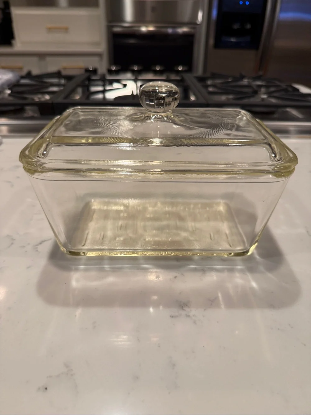 Vintage Glasbake 805 Clear Glass Refrigerator Dish w Lid 1.5 Qt 1940s